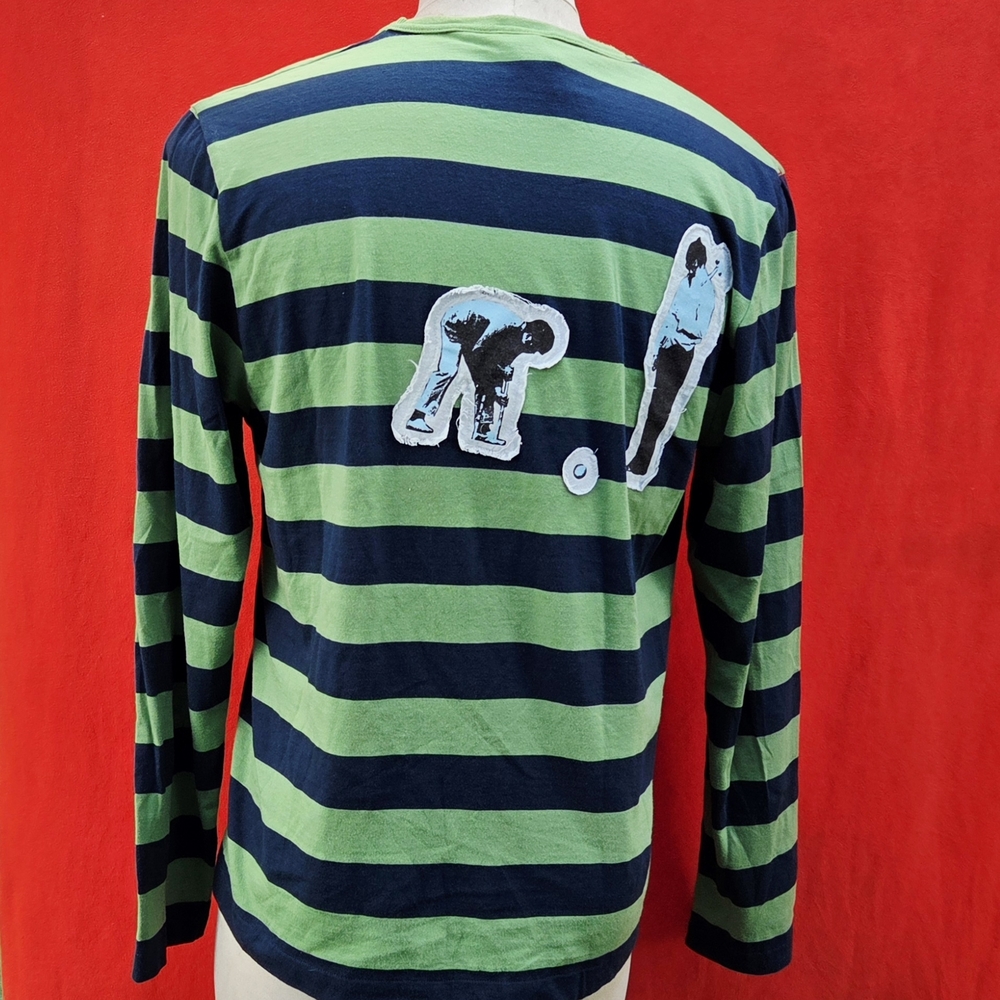 Trovata Mens (XL) PLAY GOLF LOGO Green and Navy Striped Long Sleeve Tee